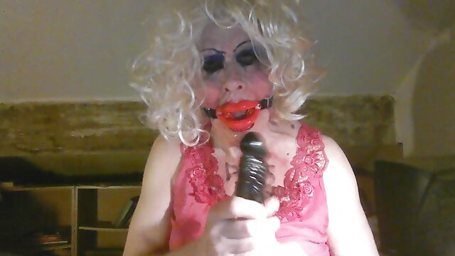 Gagged, CD sissy slut,Sarah Millward, wannabe MILF, wanks, craves humiliation and cock - your cock, and your cum in her face