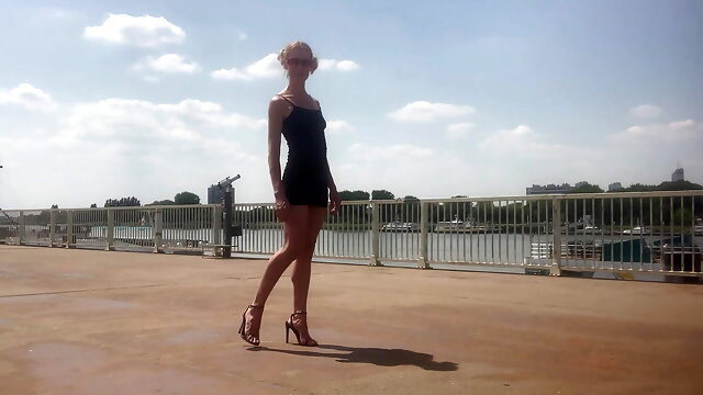 Hot Blonde In Dress, Miniskirt Public, Sandal, Heels Walking, Muscle