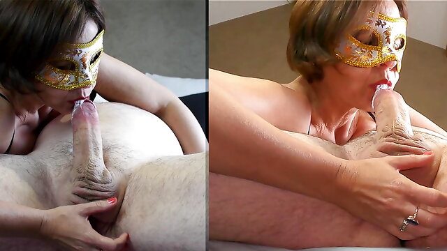 Masked mom sucks hubby's big cock massaging his balls and swallows cum exploding in her mouth seen from below in 2 views