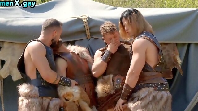 Viking jocks fuck each other bareback in outdoor orgy