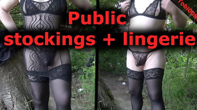 Stockings and lingerie crossdress at public gay cruising spot in nature. Tobi00815