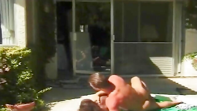 Superb ebony babe gets smashed by a white cock in the backyard