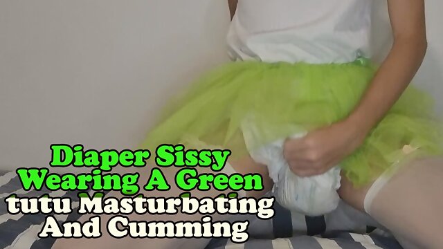Diaper Sissy Wearing A Green tutu Masturbating And Cumming in Her Diaper