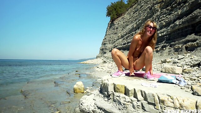 Sasha Bikeyeva - Awesome Kinky Nudist Girl In Sunglasses Sucks & Rides A Huge Dildo In Beach