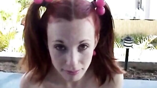 Sexy redhead teen Anissa nicely sucks a dick down on the knees