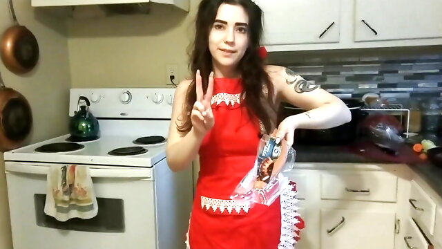 Cooking soup in just an apron