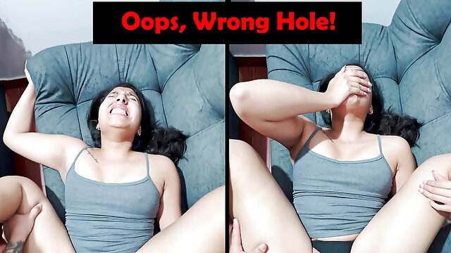 Ouch, that's the wrong hole! ... It hurts much! - Accidental and merciless homemade anal.