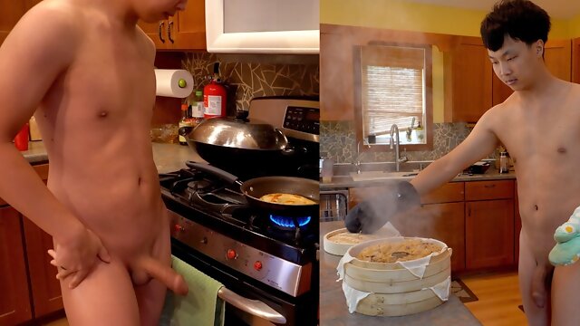 Husband cooking Chinese food naked in the kitchen