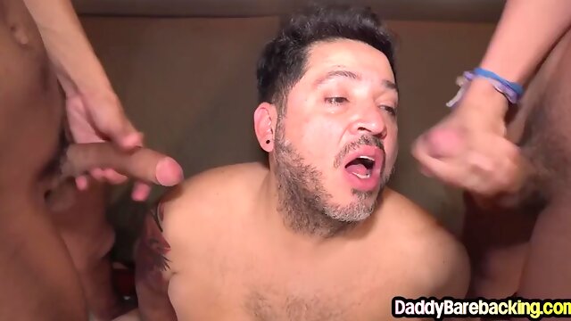 Latin gay daddy fucked in twink threesome after anal