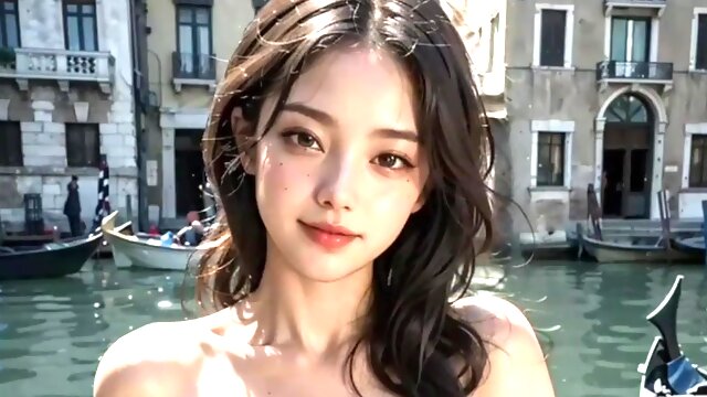 Beautiful Asian woman on the background of Venice. Pleasant both mr and 3d animation.