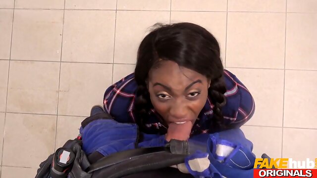 British Ebony MILF with huge tits and ass gets a rough deep throat from her man & gets dicked in her tight shaved pussy hole