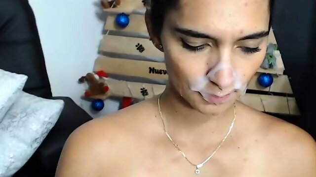 Cute Latina camgirl facialized after wonderful blowjob