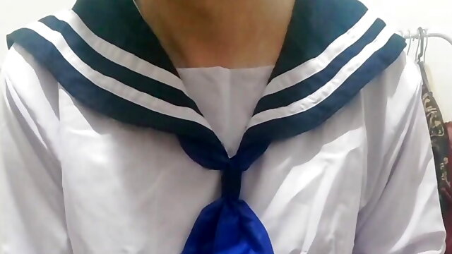 Asian crossdresser masturbating wearing japanese sailor uniform cosplay