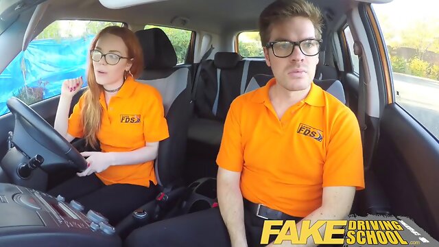 Nerdy ginger teen Ella Hughes gets a creampie in fake driving school after a wild ride