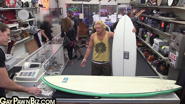 Amateur gaypawn 3some fucked in pawn shop office after cum