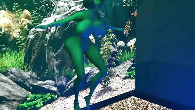 Hot Alien Chick's Squishy Tits and Ass Float Well In the Aquarium