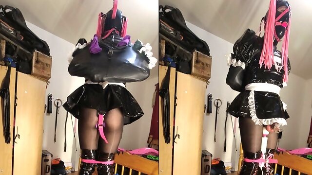 Caged Cock, Chastity Cage, Latex Sissy Maid, Chastity Bondage