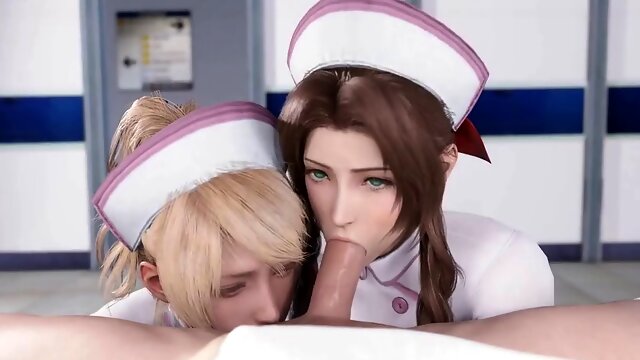 Nurse Luna and Aerith suck big cock