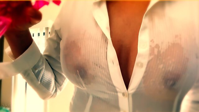 Wifey wets her sexy business shirts without wearing a bra and shows her nipples