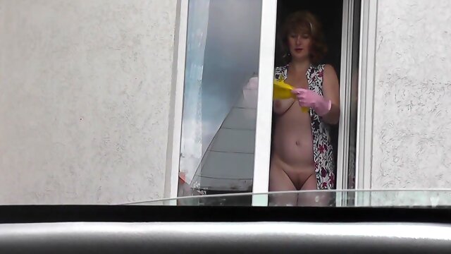 Sexy Milf Frina In Dressing Gown Without Panties And Bra Washes Windows Of Apartment And Is Not Shy About Random Taxi Driver On Street Who Looks Out From His Car. Naked In Public. Nude In Public. Public Nudity. Publicly. Public. Natural Tits Milf. 14
