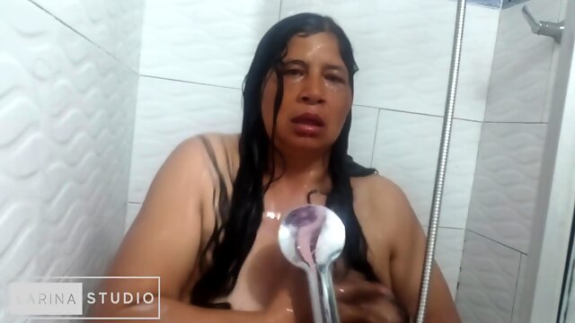 Madura Latina Gets Naked In The Shower And Touches Her Big Tits While Dancing Sexy