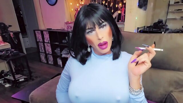 Glorious cherry crossdresser smoking with monstrous lips lip liner cross dressing trans strong make-up