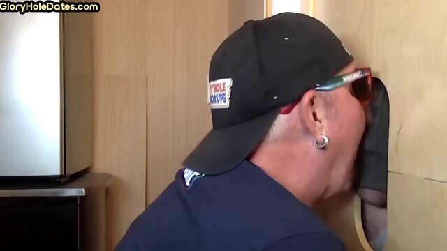 Mature gay at the glory hole sucks dick until he cums in his mouth