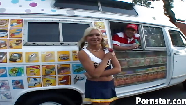 Cheerleader Kacey Jordan with natural tits fucked in a bus