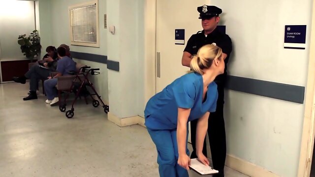 Nurse Tara Lynn Fox drops on her knees to give a sloppy blowjob