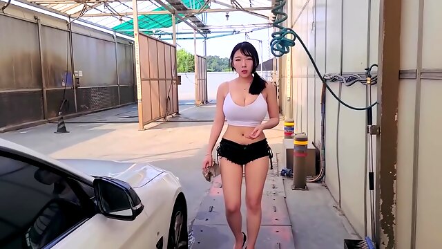 Car Wash, Korean Solo, Asian Outdoor Solo, Korean Big Tits
