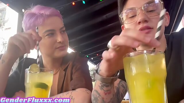 Genderfluid in panties licks girlfriends pussy in amateur video at home