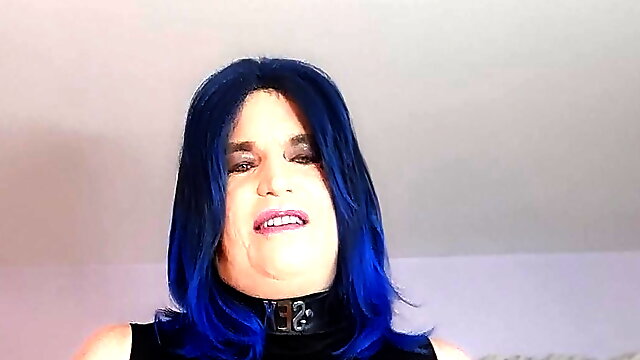 Blue haired granny tranny covered in satin!
