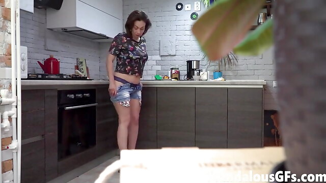 Filming my hot MILF naked in the kitchen