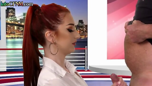 CFNM British redhead sucks cock on live TV show