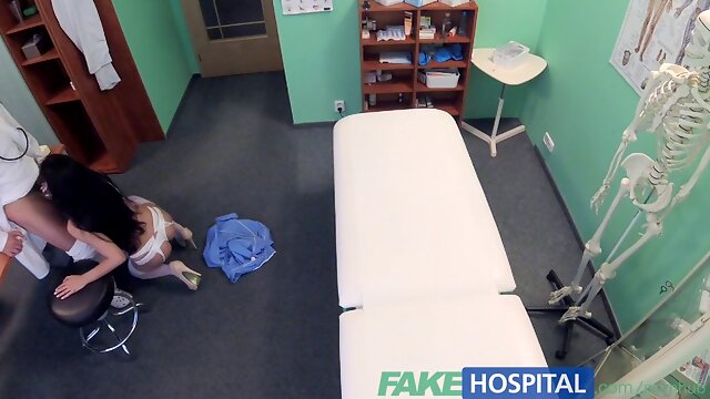 Eveline Dellai gets her shaved pussy filled with hot jizz after a wild doggystyle creampie from her fakehospital doctor