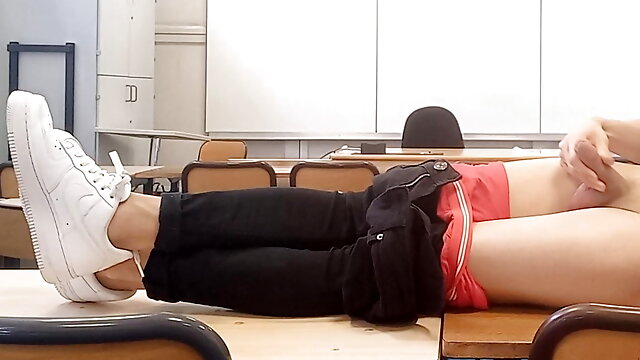 Hot striptease on teacher's desk, horny French-Asian student takes out his dick at school, jerks off in risky college classroom