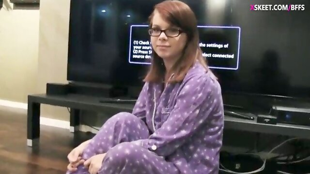 Glasses-wearing teen babes get wild with strapon dildos in pajama party