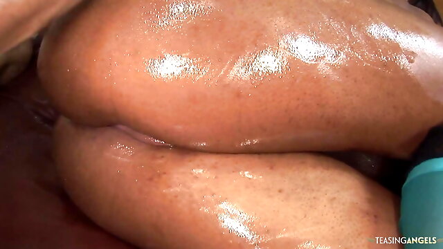Perfect ebony gerts lubed up and is fucked until she is creamed