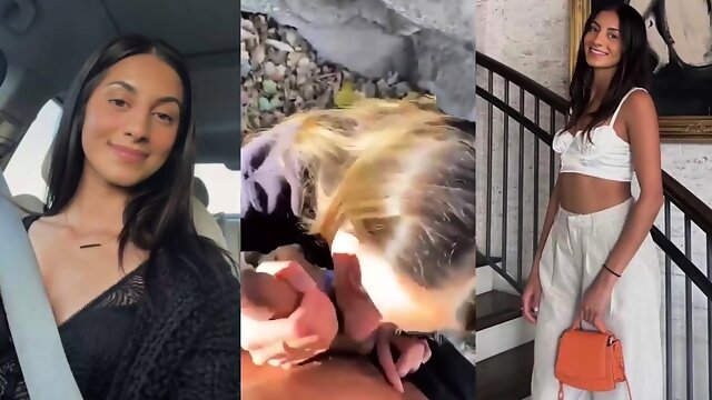 Beautiful babe sucks off boyfriends big dick outdoors