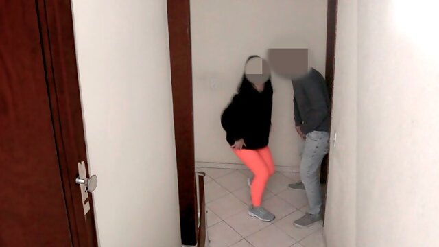 Married woman paying lost bet. Blowjob on the doorstep.