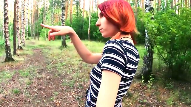 Outdoors video of redhead Elin sucking a fat dick in the woods