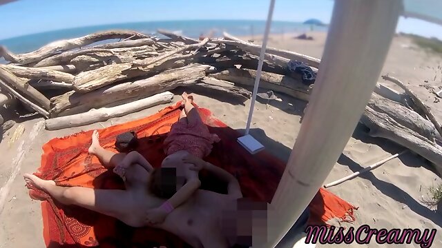 Outdoor exhibitionist teacher amateur MILF handjob big cock on public nude beach in front of voyeur with cum P2 - MissCreamy