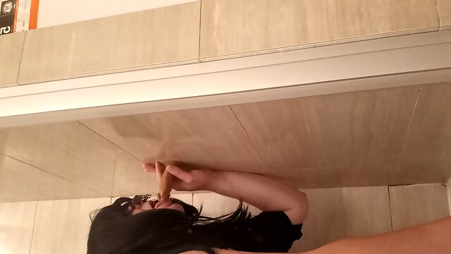 Trans mommy play under shower with small dildo