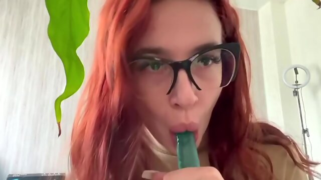 A Depraved Bitch With Her Lush Lips Sucks And Licks Her Dildo