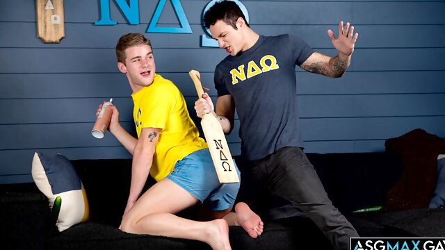 Prank results in ass spank and cock sucking for frat guy!