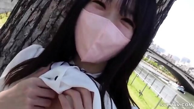 Tailed teen fingering her cunt outdoor