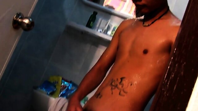 Pee Asian twink jerks cock and cums