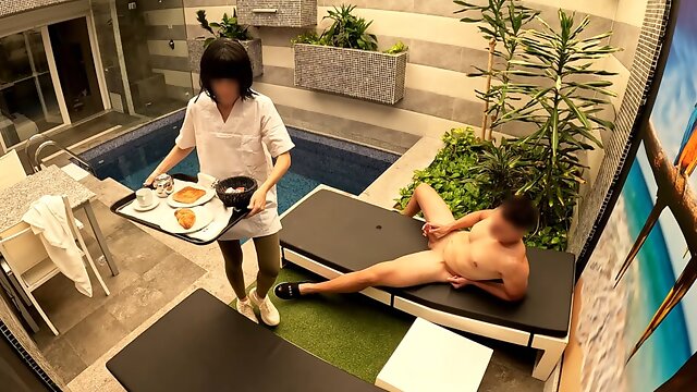 I jerk off in the private pool when the room service girl brings me breakfast and helps me finish by giving me a blowjob