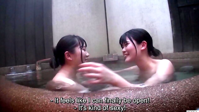 Japanese lesbian college friends come out to each other at bathhouse
