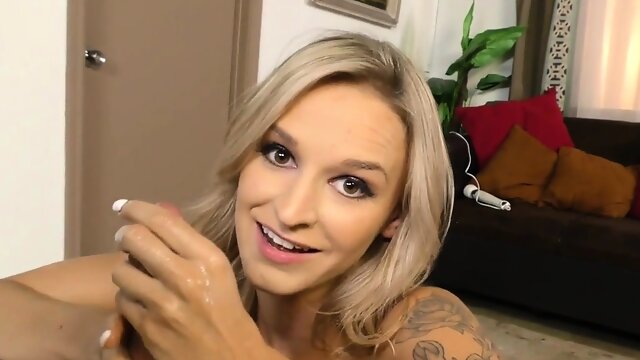 HJ tattooed babe jerks POV rod